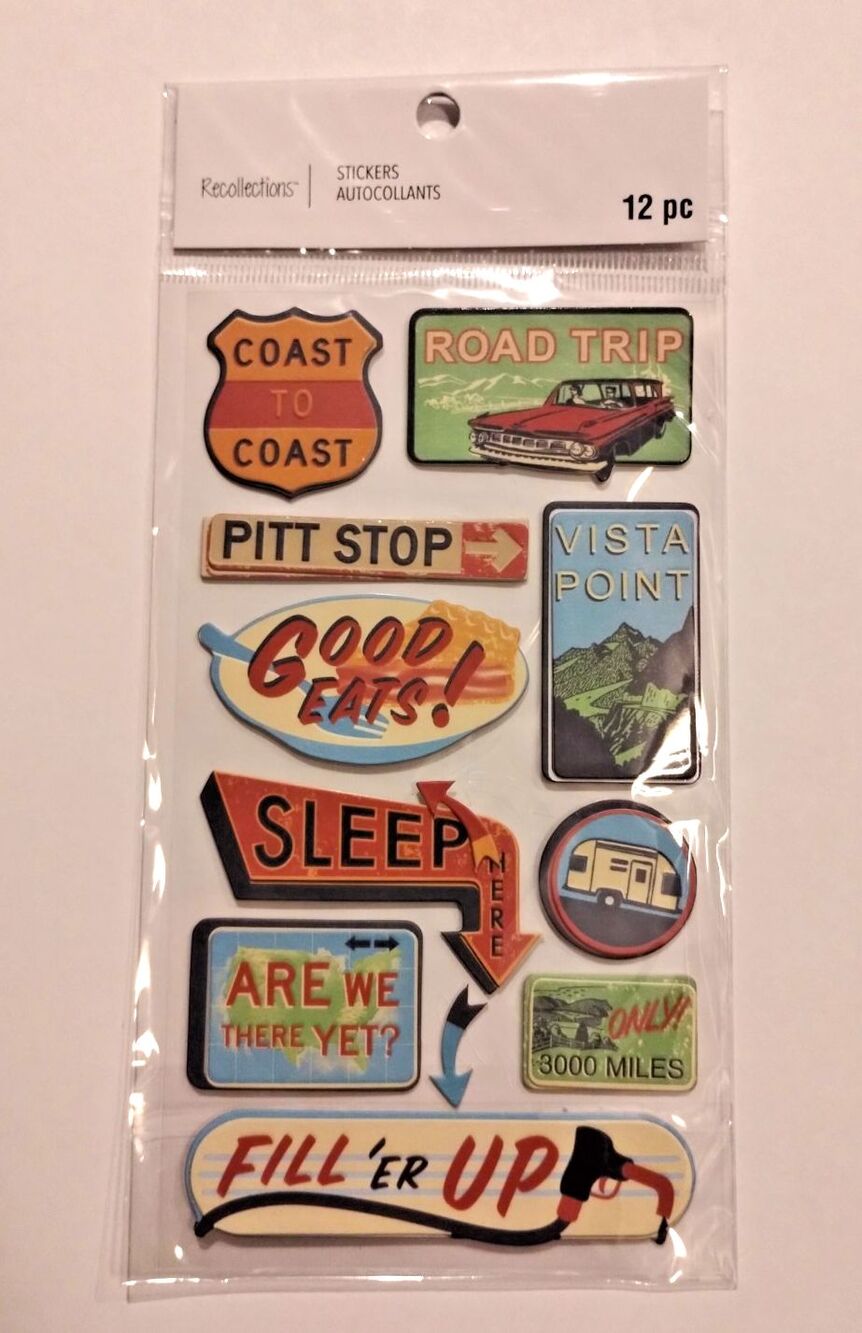 Recollection 3D Dimensional Chipboard Stickers, Road Trip Road Signs, 12 pc NIP
